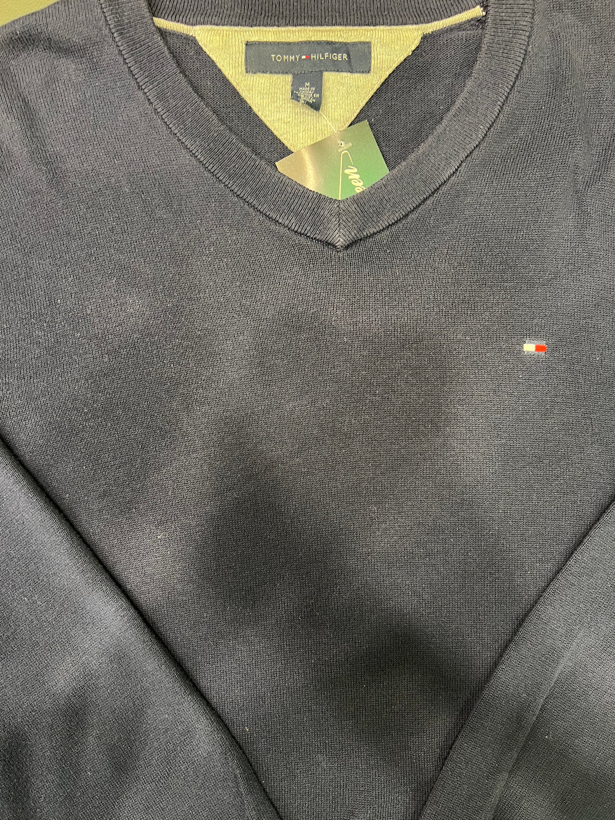 Tommy Hilfiger – Maglione Verde Oliva con Scollo a V cotone Tg XL