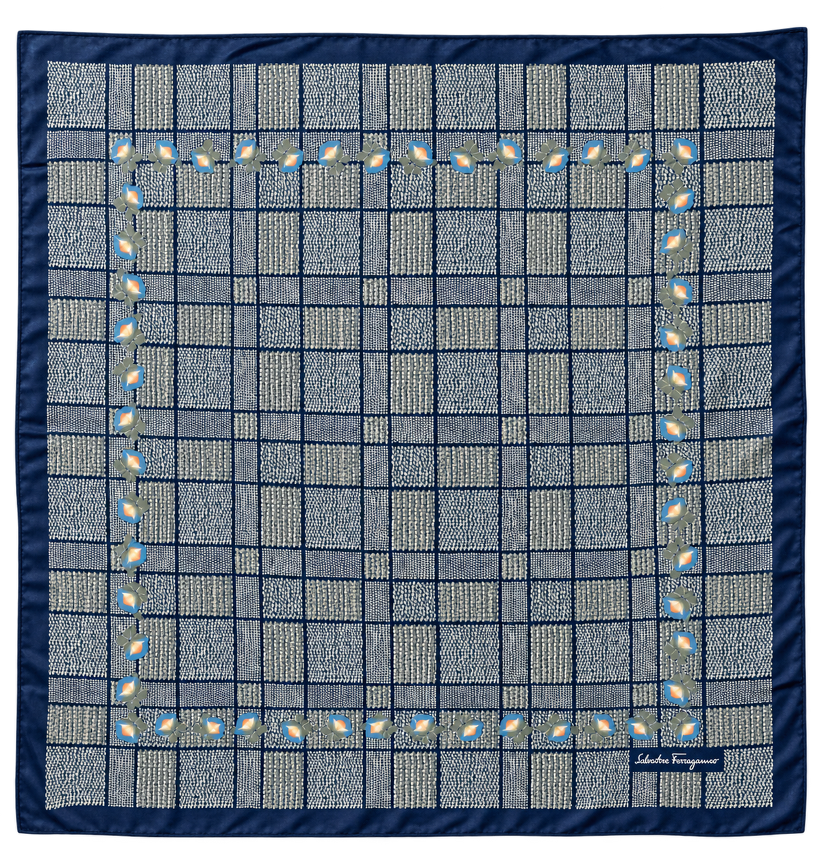 Foulard quadrato Salvatore Ferragamo in tonalità blu navy    100%seta           74*74