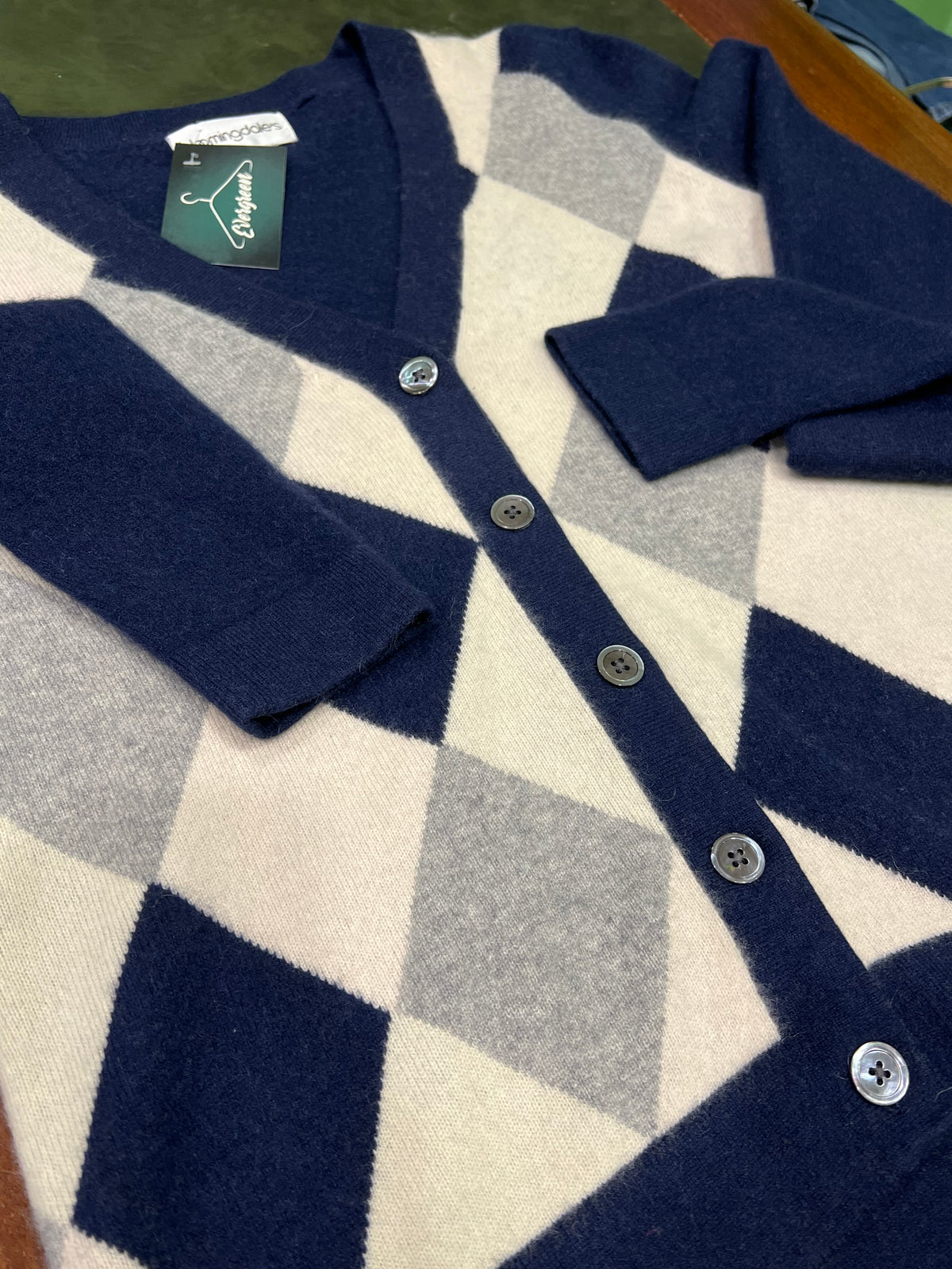 Cachemire Bloomingdale’s – Cardigan Argyle Blu e Grigio tg L/XL