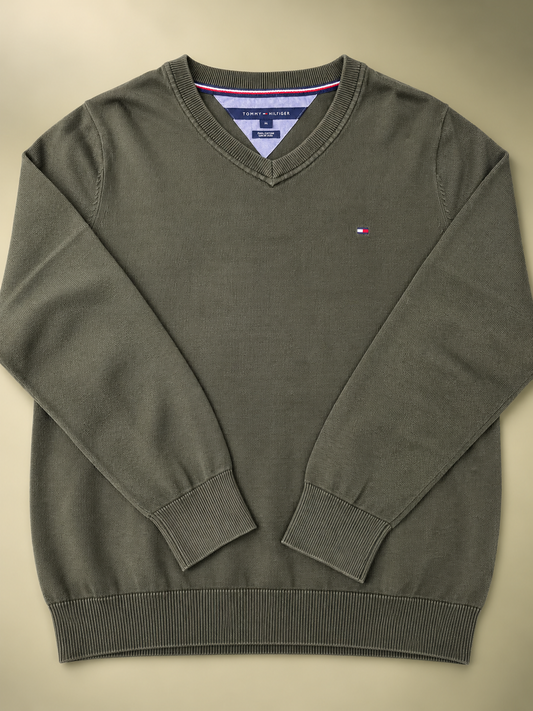 Tommy Hilfiger – Maglione Verde Oliva con Scollo a V cotone Tg XL