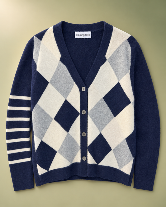 Cachemire Bloomingdale’s – Cardigan Argyle Blu e Grigio tg L/XL