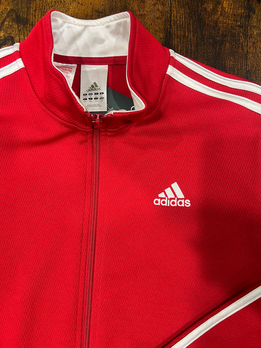 Giacca sportiva adidas rossa  iconica tre strisce bianche lungo spalle e maniche e dal logo sul petto. 16anni (veste tg S)