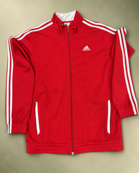 Giacca sportiva adidas rossa  iconica tre strisce bianche lungo spalle e maniche e dal logo sul petto. 16anni (veste tg S)