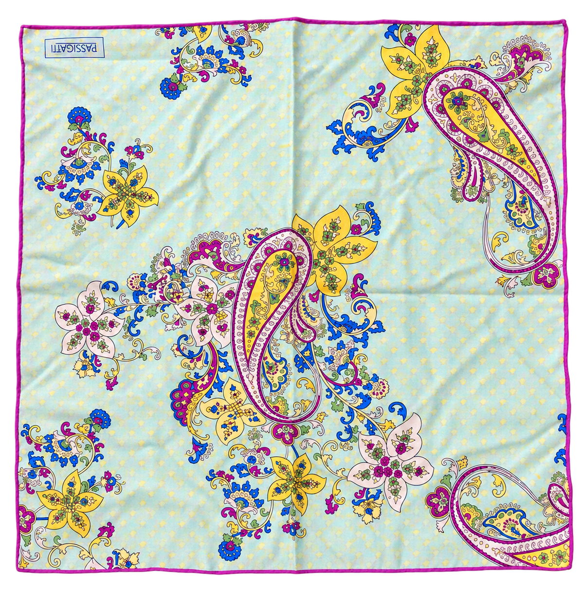 Foulard quadrato Passigatti in tonalità azzurro pastello 50*50       100%seta
