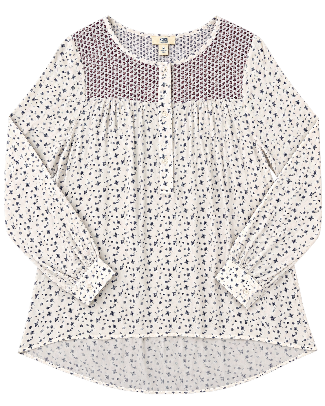 Blusa KORET color panna caratterizzata da una delicata fantasia floreale nei toni del blu e del bordeaux tg M