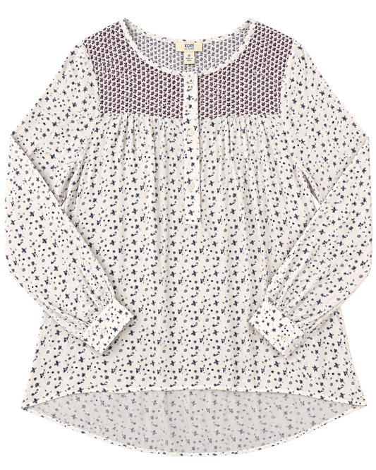 Blusa KORET color panna caratterizzata da una delicata fantasia floreale nei toni del blu e del bordeaux tg M
