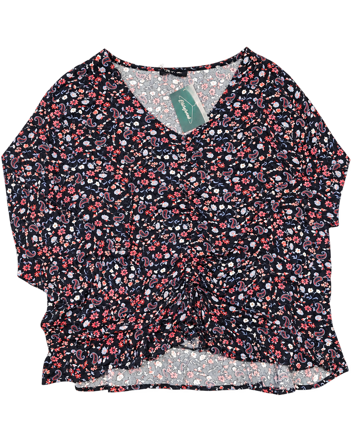 Blusa dal fondo nero caratterizzata da una ricca fantasia floreale e paisley nei toni del rosa, rosso, bianco e azzurro tg XL